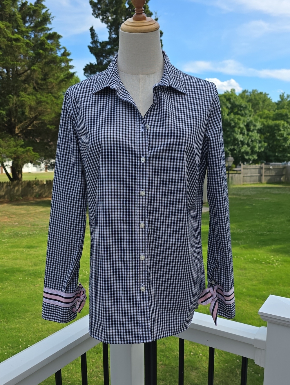 Pearly Vine Audrey Gingham Ribbon French Cuff Shirt Sz S